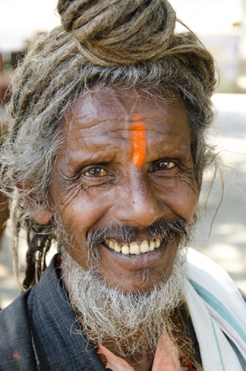 Portrait of an elderly sadhu Indian man with a bindi and dreadlocks.